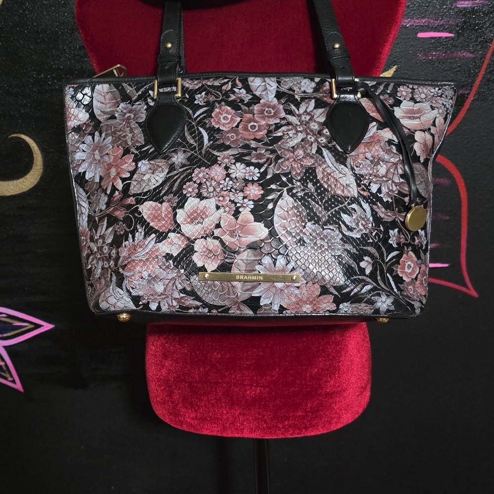 Floral Black and Pink Women's Bag. Medium Asher ; Dimensions. 16" W X 10.25" H X